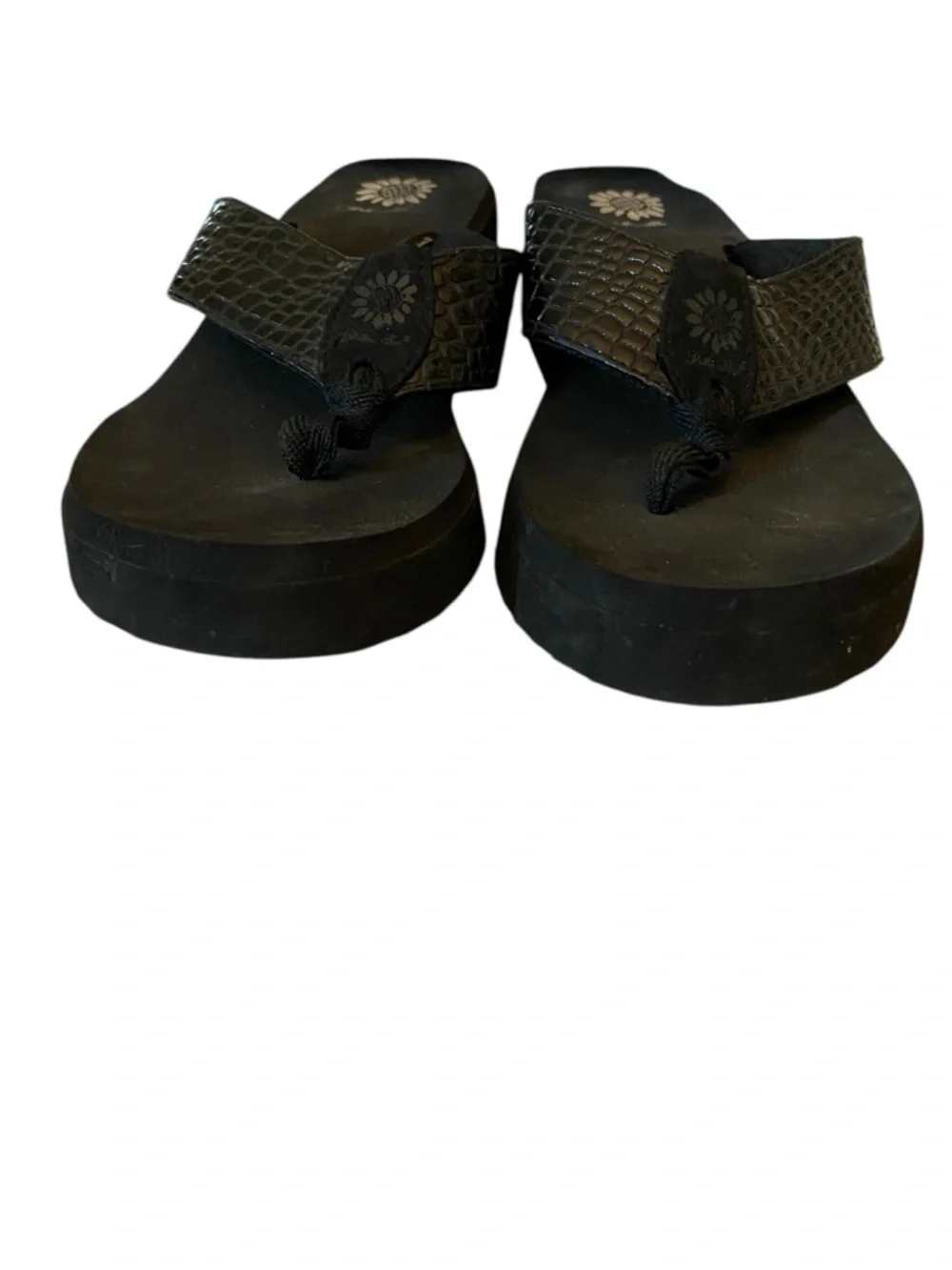 Y2K 90s Yellow Box flip flops black croco-embossed straps platform Thongs - Picture 10 of 12